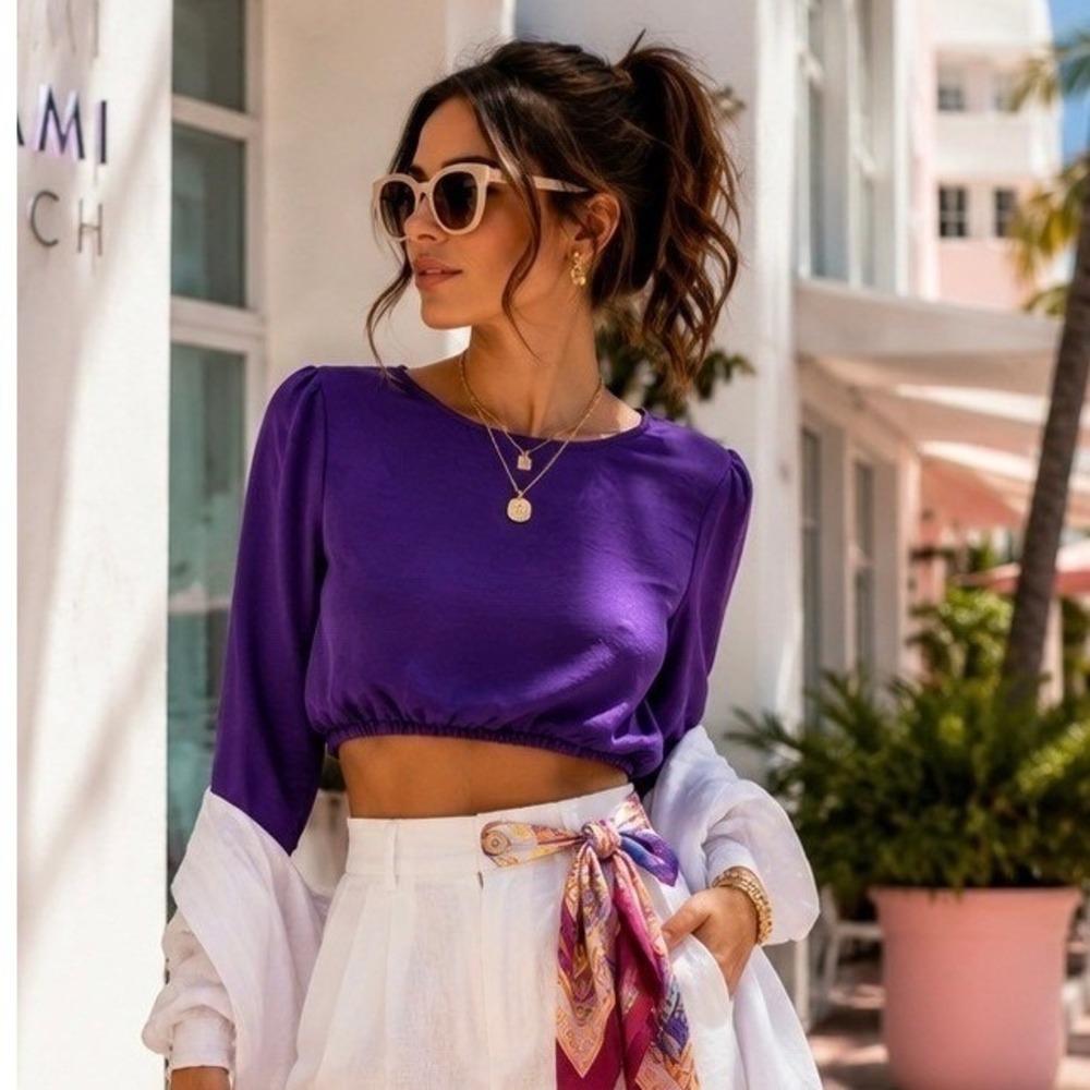 House of Harlow 1960‎ Purple Satin Puff Sleeve Cropped Blouse XS Long Sleeve Top